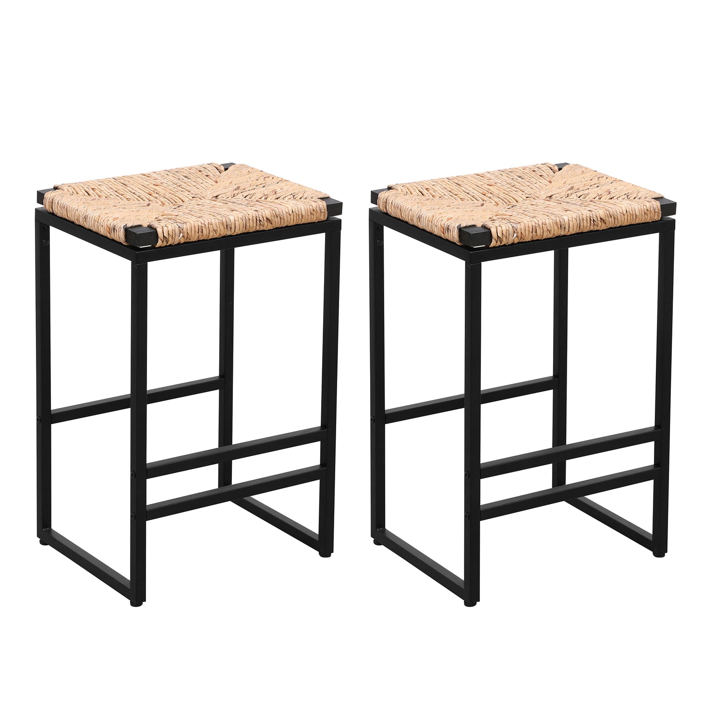 Syngar Bar Stools Set Of 2, Modern Bar Stools with Water Hyacinth Woven Seat, Indoor Backless Counter Height Bar Stools with Metal Leg and Footrest, Bar Height Stools for Kitchen, Cafe, living Room