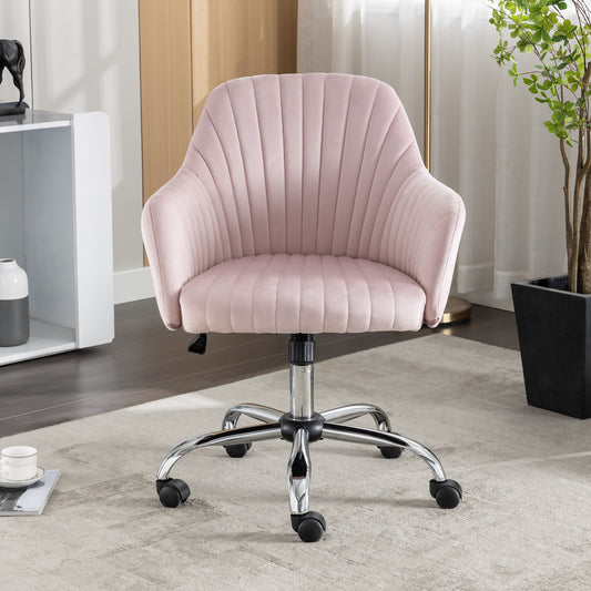 SYNGAR Office Desk Chair with Adjustable Height, Modern Arms Chair Office Chair Mid Back Soft Velvet Swivel Computer Home Task Chairs Ergonomic Executive Chair with Armrests, Pink