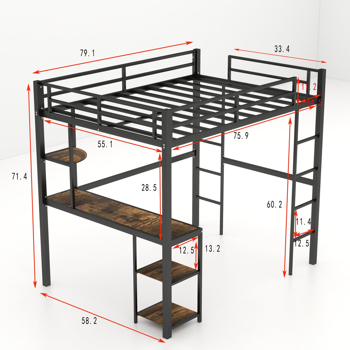 SYNGAR Full Loft Bed, New Upgraded Metal Bunk Bed with Long Desk & Shelves, Full Size Bed Frame No Box Spring Needed, Loft Bed with 2 Vertical Ladders, Full Bunk Bed Kids Bedroom Furniture, Black