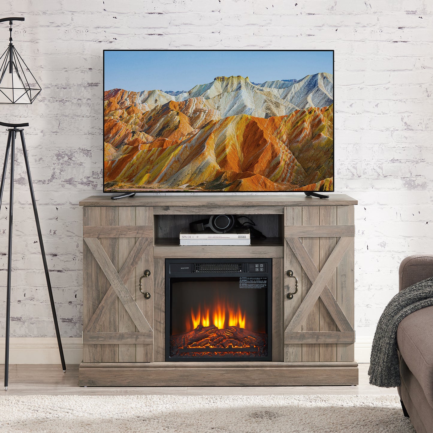 SYNGAR Electric Fireplace TV Stand up to 50" TV, Modern Farmhouse TV Stand with Cabinet Storage, Wooden TV Tables for Living Room, Entertainment Center with 18" Fireplace, Light Gray