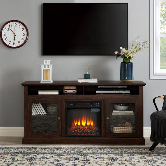 SYNGAR Fireplace TV Cabinet with Glass Doors for 65" TV, Contemporary TV Stand with Remote Control Fireplace, Wooden TV Console Cabinet Media Console for Living Room, Brown