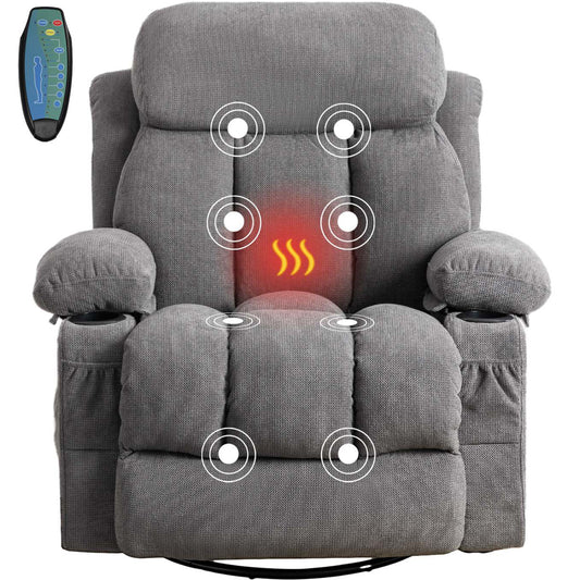 SYNGAR Recliner Sofa Chair with Heat and Massage Function, Manual Recliner Chair with USB and 2 Cup Holders, Velvet Rocker Single Sofa, Swivel Glider Chair for Nursery Bedroom Home Theater, Gray
