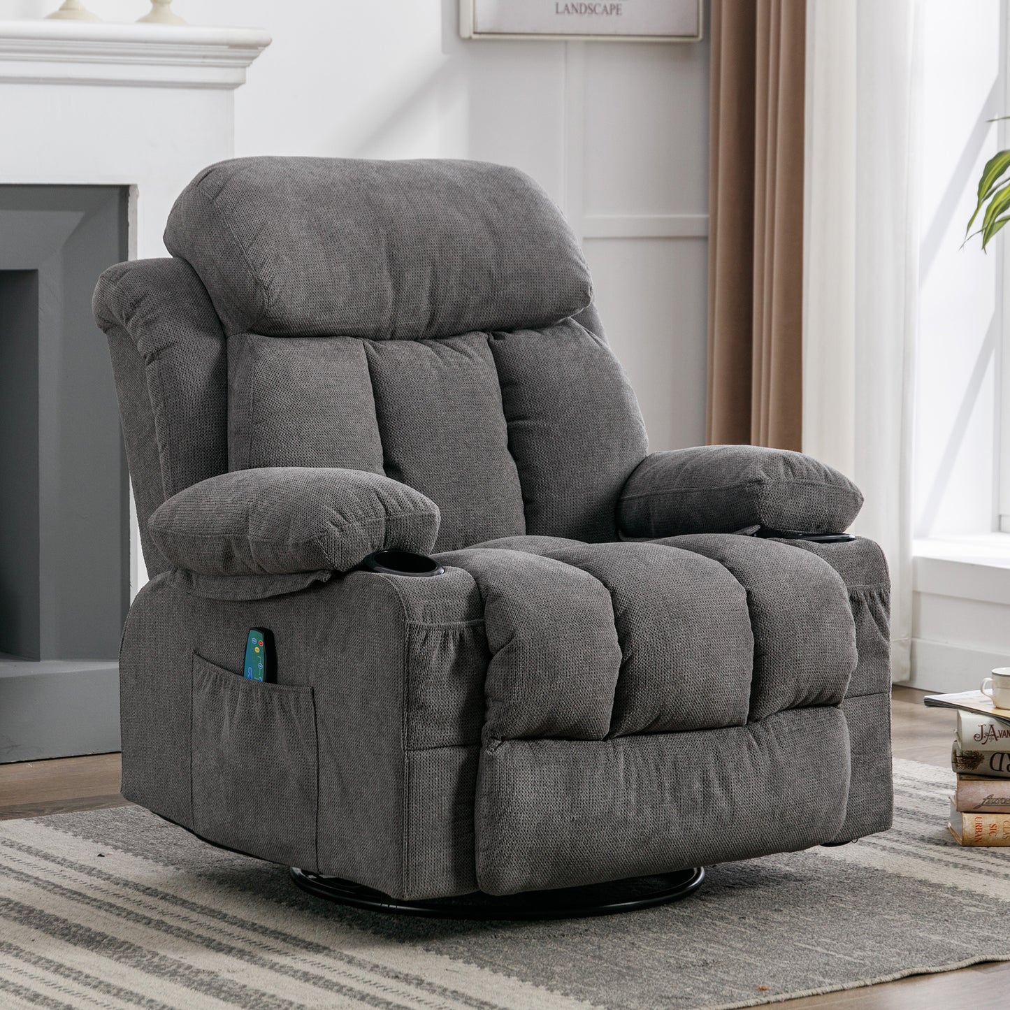 SYNGAR Recliner Sofa Chair with Heat and Massage Function, Manual Recliner Chair with USB and 2 Cup Holders, Velvet Rocker Single Sofa, Swivel Glider Chair for Nursery Bedroom Home Theater, Gray