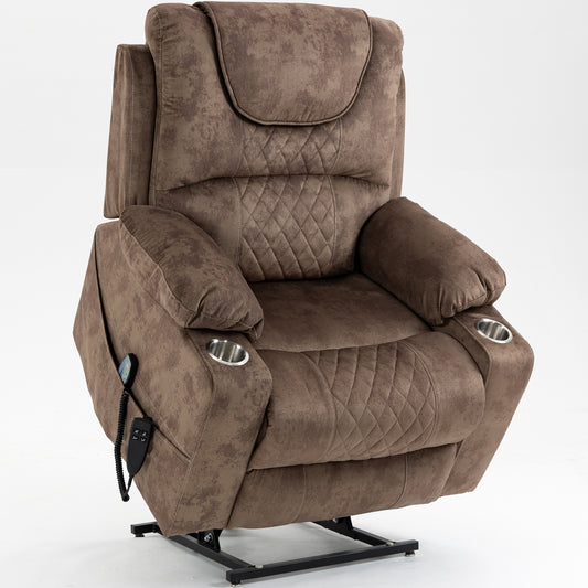 SYNGAR Power Lift Recliner Chair with Massage and Heat for Elderly, Lay Flat Sleeping Overstuffed Wide Recliners, Heavy Duty and Safety Motion Reclining Mechanism with 2 Cup Holders, Brown
