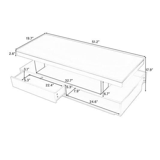 SYNGAR Coffee Table with LED Light, Modern High Glossy Living Room Tables with 2 Drawers and Open Shelves, Wood Storage Coffee Table with Tempered Glass for Bedroom and Office, White