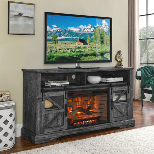 SYNGAR TV Stand with Fireplace for 60" TV, Modern TV Console Entertainment Center with Remote Control Fireplace, Wood+Stainless Steel TV Cabinet With Doors for Living Room, Oak