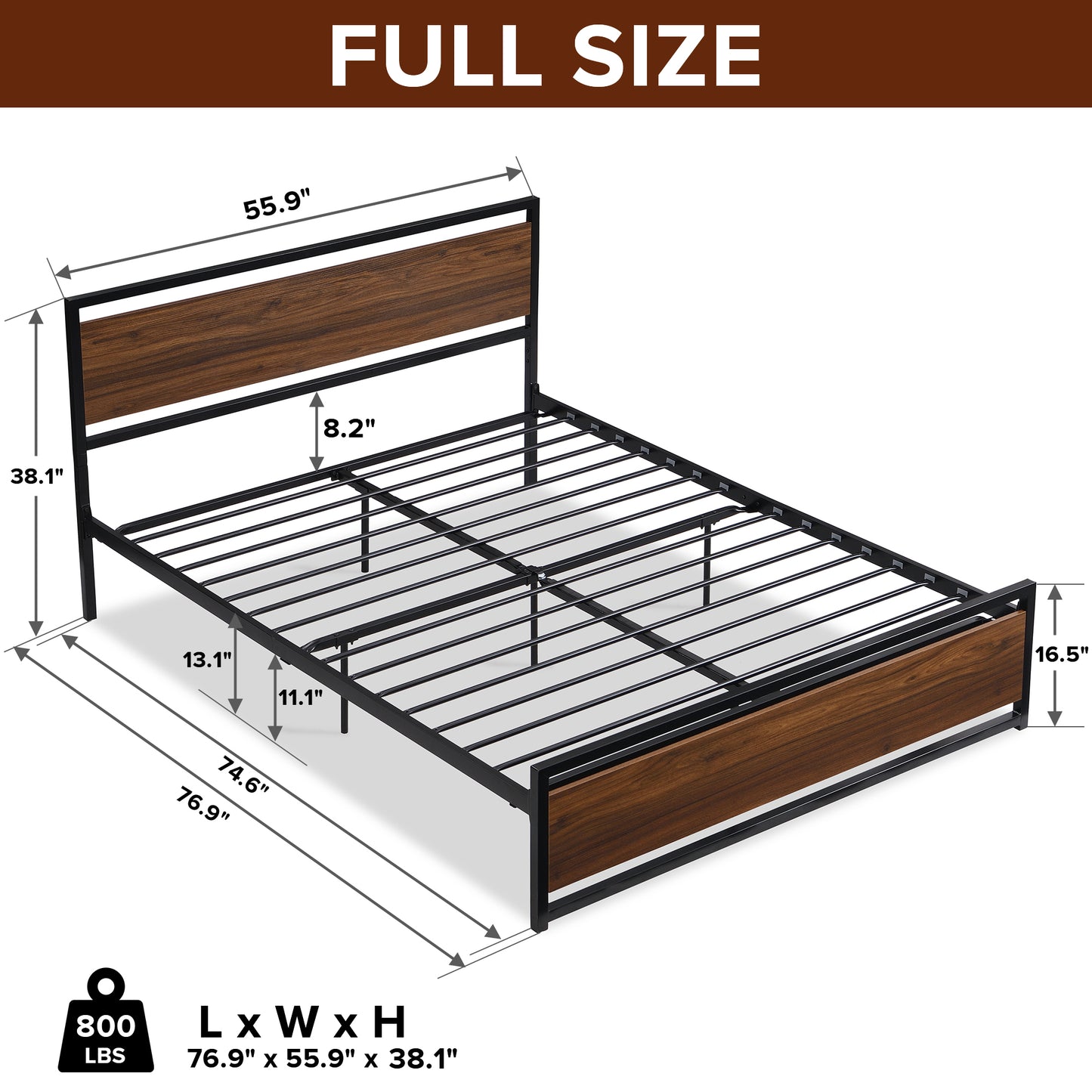SYNGAR Black Iron Platform Bed Frame Full Size With Wooden Headboard and Footboard, New Upgrade Metal Legs Design, Industrial Full Bed Frame with Strong Slat Support