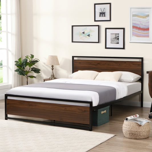 SYNGAR Black Iron Platform Bed Frame Full Size With Wooden Headboard and Footboard, New Upgrade Metal Legs Design, Industrial Full Bed Frame with Strong Slat Support