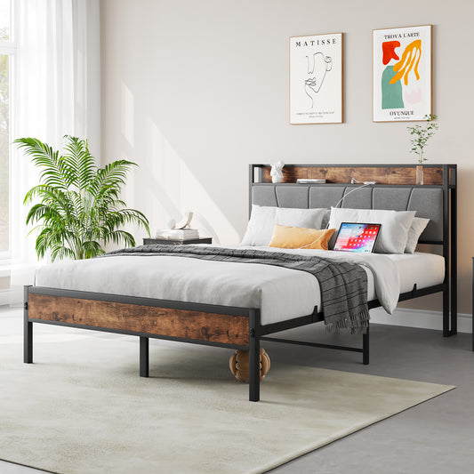 SYNGAR Platform Bed Frame Full Size with Storage Headboard, 2 Charging Outlets and USB Ports, Industrial Metal Full Bed Frame with Strong Slat Support, No Box Spring Needed, Rustic Brown