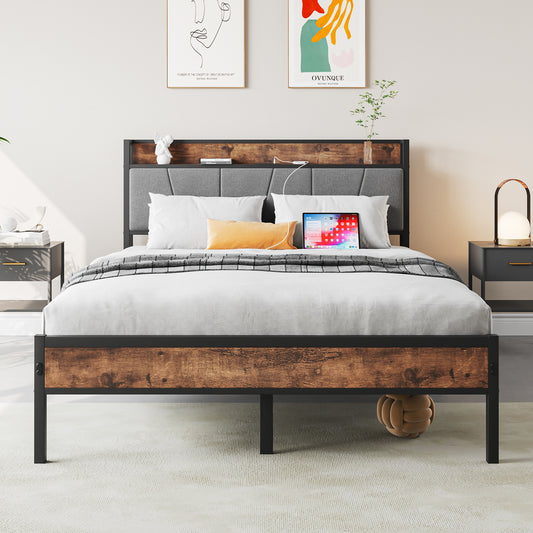 SYNGAR Platform Bed Frame Full Size with Storage Headboard, 2 Charging Outlets and USB Ports, Industrial Metal Full Bed Frame with Strong Slat Support, No Box Spring Needed, Rustic Brown