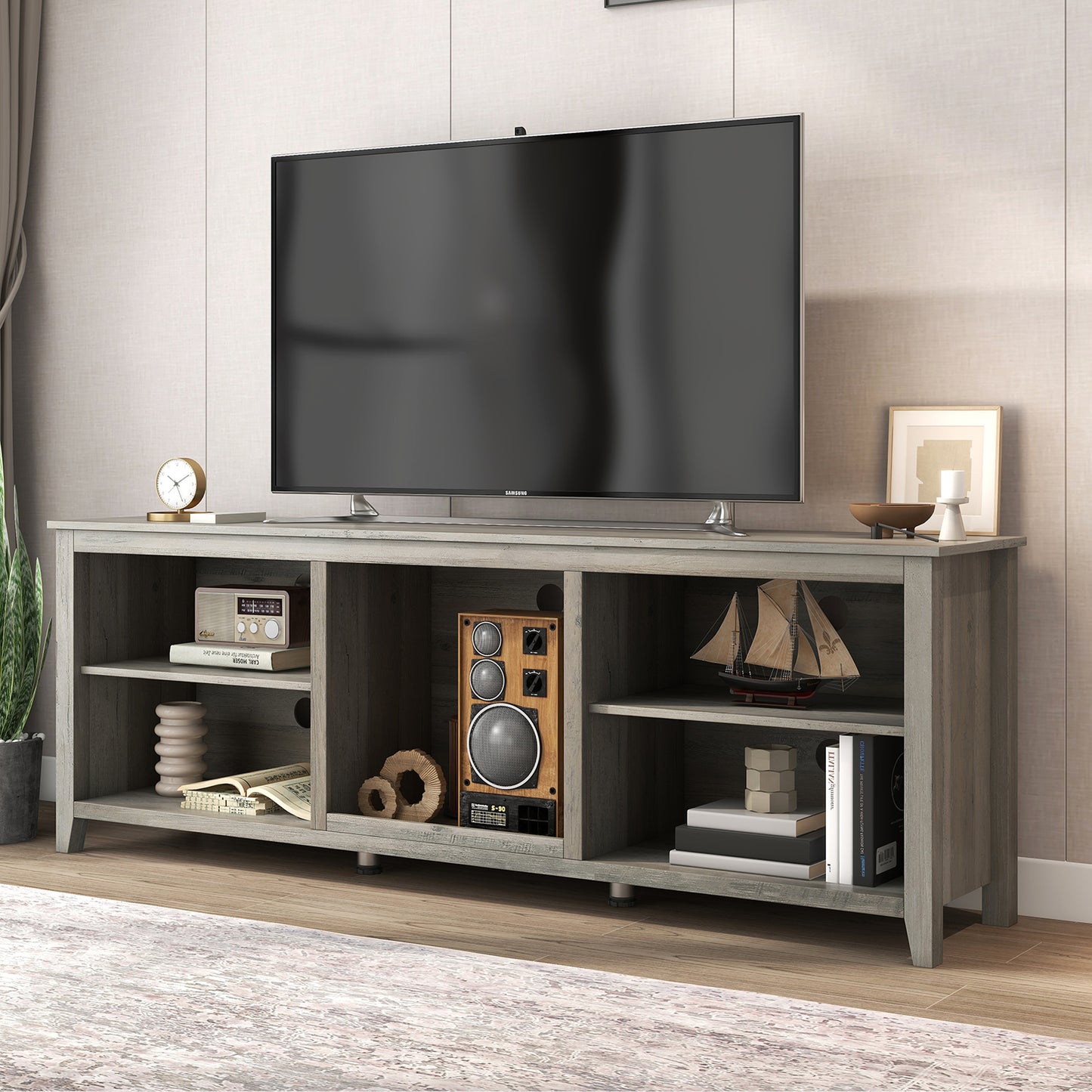 SYNGAR TV Stand for 70 inch TV, Modern Farmhouse TV Console Table Stand with 4 Storage Compartments, Living Room TV Table Stand Buffet Cabinet, 70"L x 15"W x 25"H, Grey Walnut