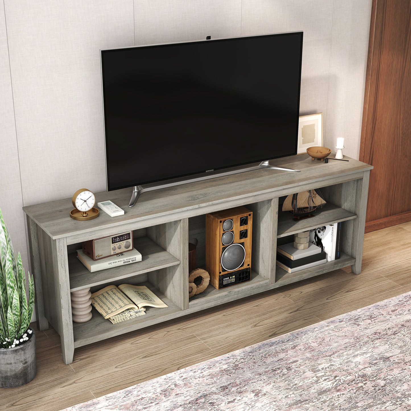 SYNGAR TV Stand for 70 inch TV, Modern Farmhouse TV Console Table Stand with 4 Storage Compartments, Living Room TV Table Stand Buffet Cabinet, 70"L x 15"W x 25"H, Grey Walnut