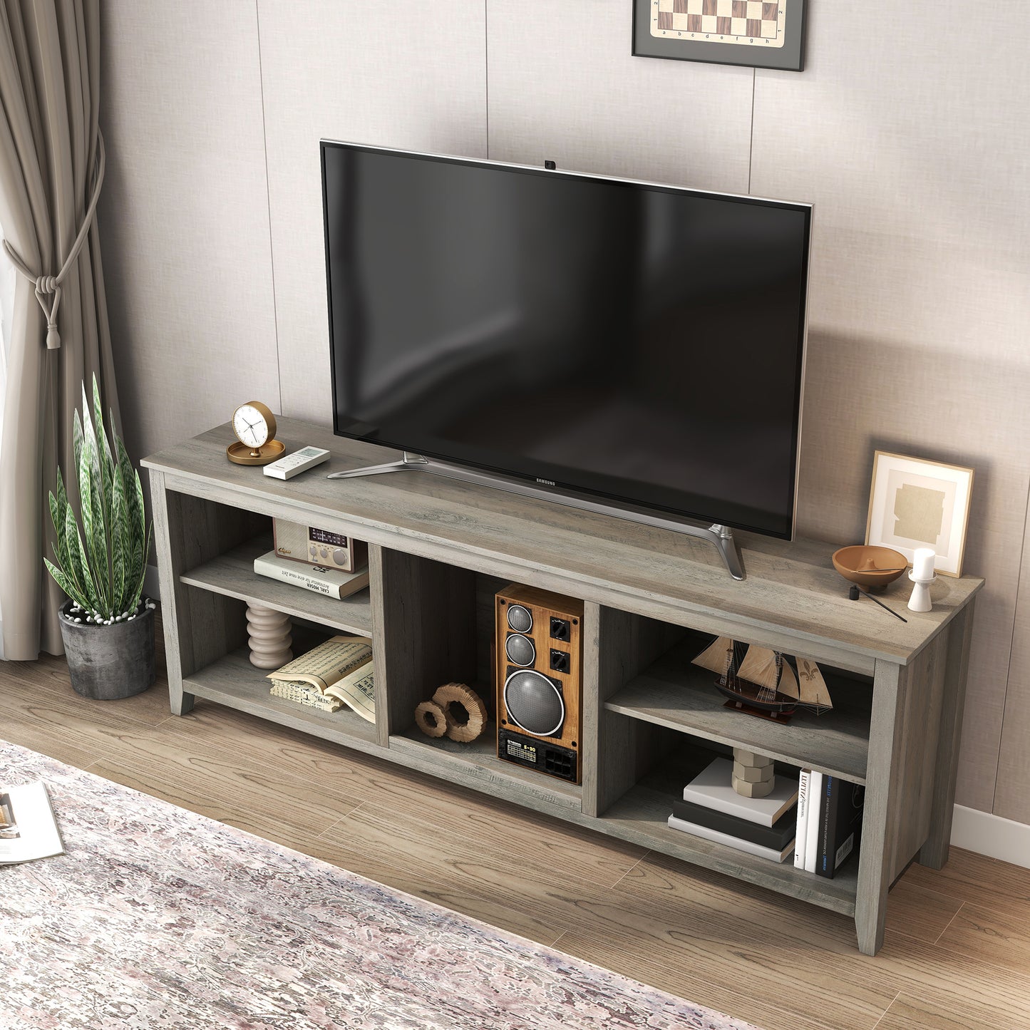 SYNGAR TV Stand for 70 inch TV, Modern Farmhouse TV Console Table Stand with 4 Storage Compartments, Living Room TV Table Stand Buffet Cabinet, 70"L x 15"W x 25"H, Grey Walnut