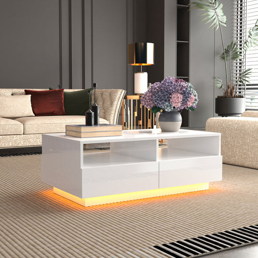 SYNGAR LED Coffee Table with 4 Storage Sliding Drawers and Open Shelves, Modern High Glossy Center Table Rectangular with Multiple Colors LED Lights for Living Room Bedroom, Easy Assembly, White