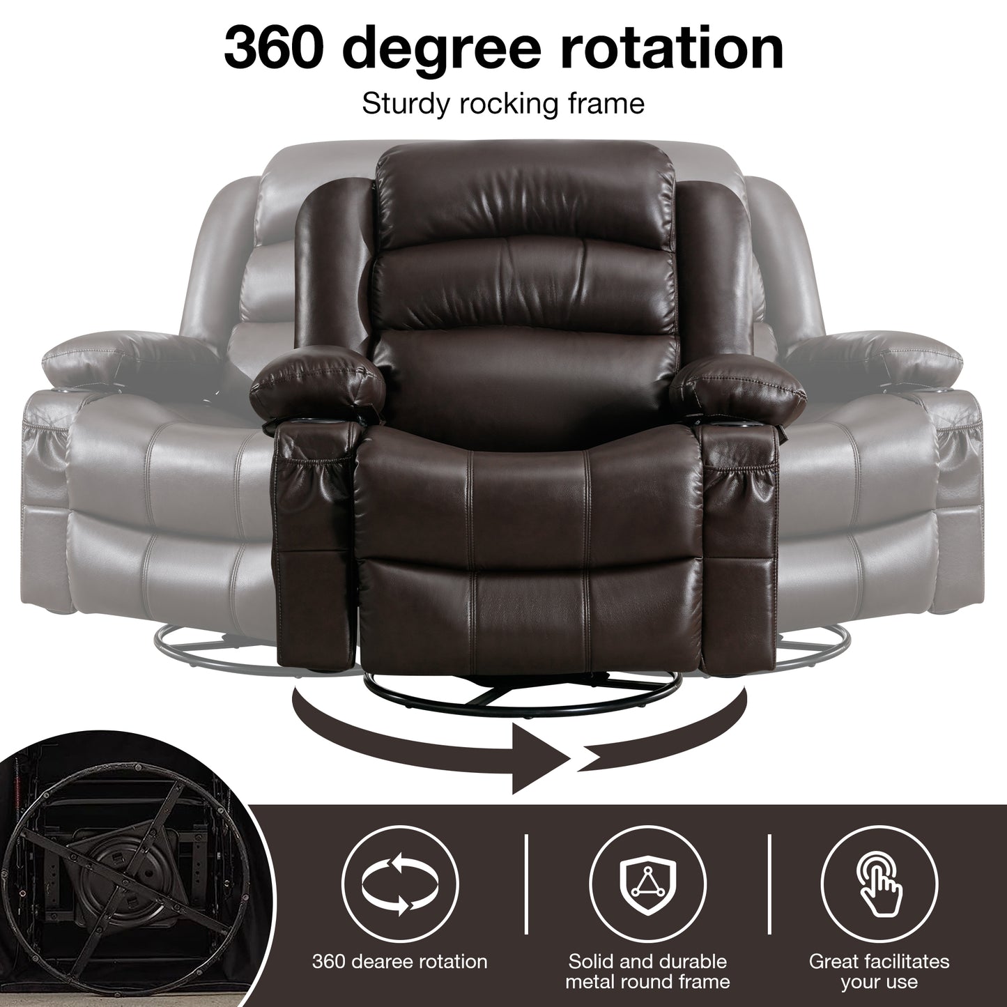 SYNGAR Swivel Rocker Recliner Chair for Living Room, Manual Reclining Chair with Heat and Massage Function, Cup Holders, USB, PU Leather Rocking Sofa Glider Chair for Bedroom Home Theater, Black