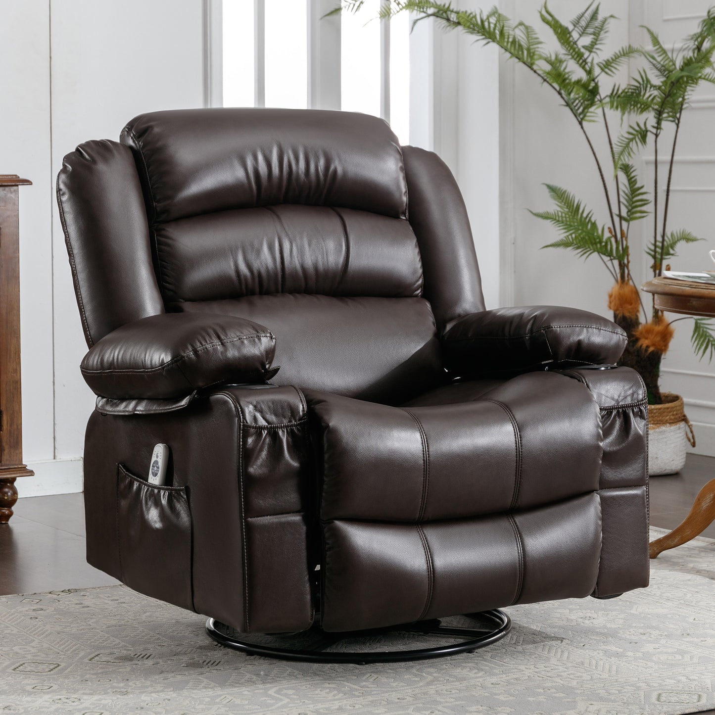 SYNGAR Swivel Rocker Recliner Chair for Living Room, Manual Reclining Chair with Heat and Massage Function, Cup Holders, USB, PU Leather Rocking Sofa Glider Chair for Bedroom Home Theater, Black