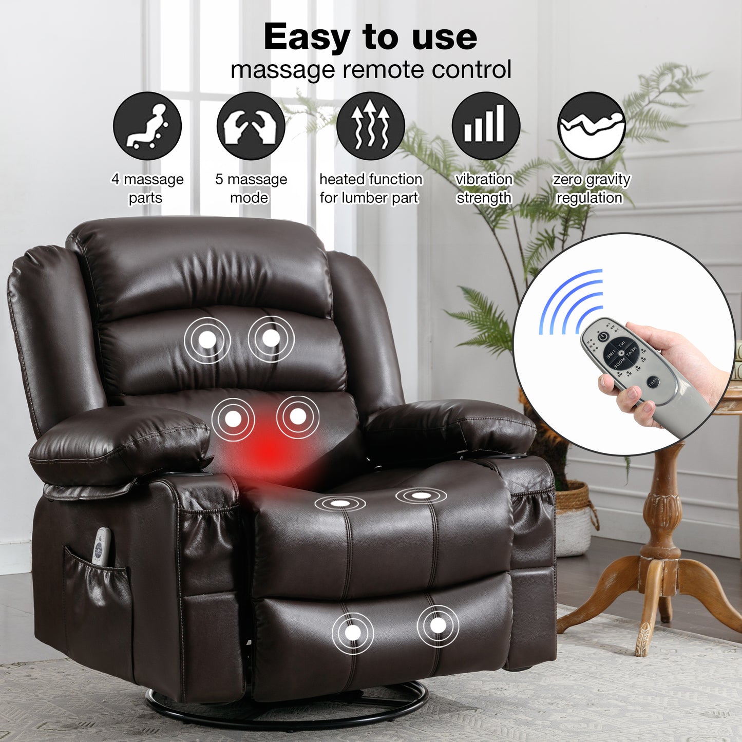 SYNGAR Swivel Rocker Recliner Chair for Living Room, Manual Reclining Chair with Heat and Massage Function, Cup Holders, USB, PU Leather Rocking Sofa Glider Chair for Bedroom Home Theater, Black