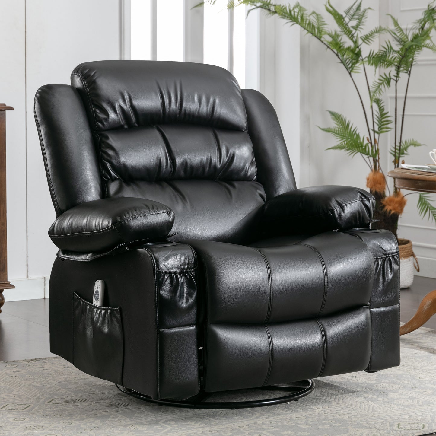 SYNGAR Swivel Rocker Recliner Chair for Living Room, Manual Reclining Chair with Heat and Massage Function, Cup Holders, USB, PU Leather Rocking Sofa Glider Chair for Bedroom Home Theater, Black