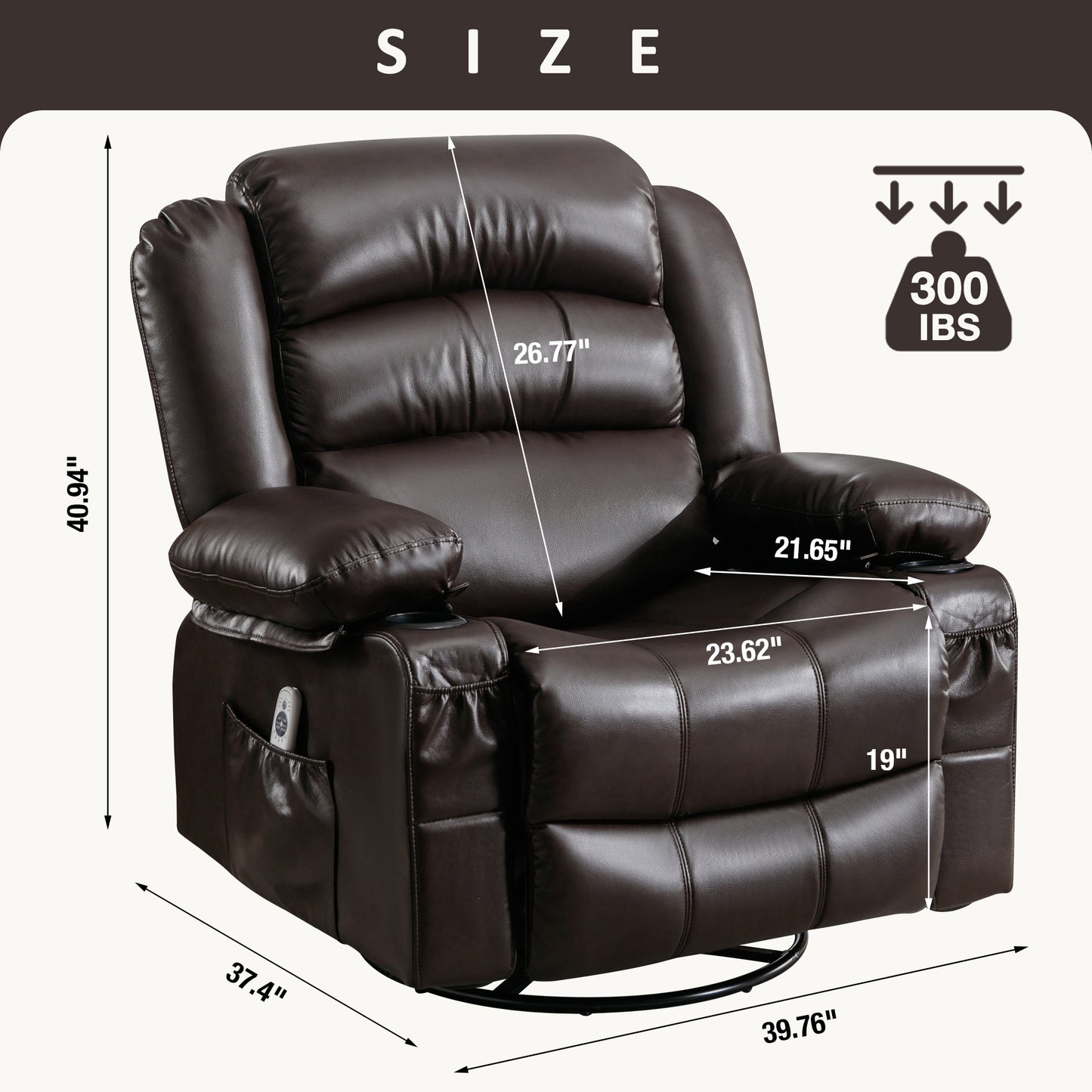 SYNGAR Swivel Rocker Recliner Chair for Living Room, Manual Reclining Chair with Heat and Massage Function, Cup Holders, USB, PU Leather Rocking Sofa Glider Chair for Bedroom Home Theater, Black