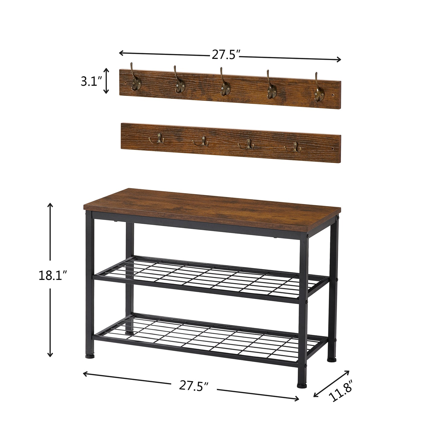 SYNGAR Coat Rack Shoe Bench Set, 2-Tier Metal Shoe Storage Bench and 9 Coat Hooks Sets, Shoe Organizer for Entryway and Coat hooks in 2 rows Sets, Anti-Slip Shoe Bench and Coat Hooks Sets