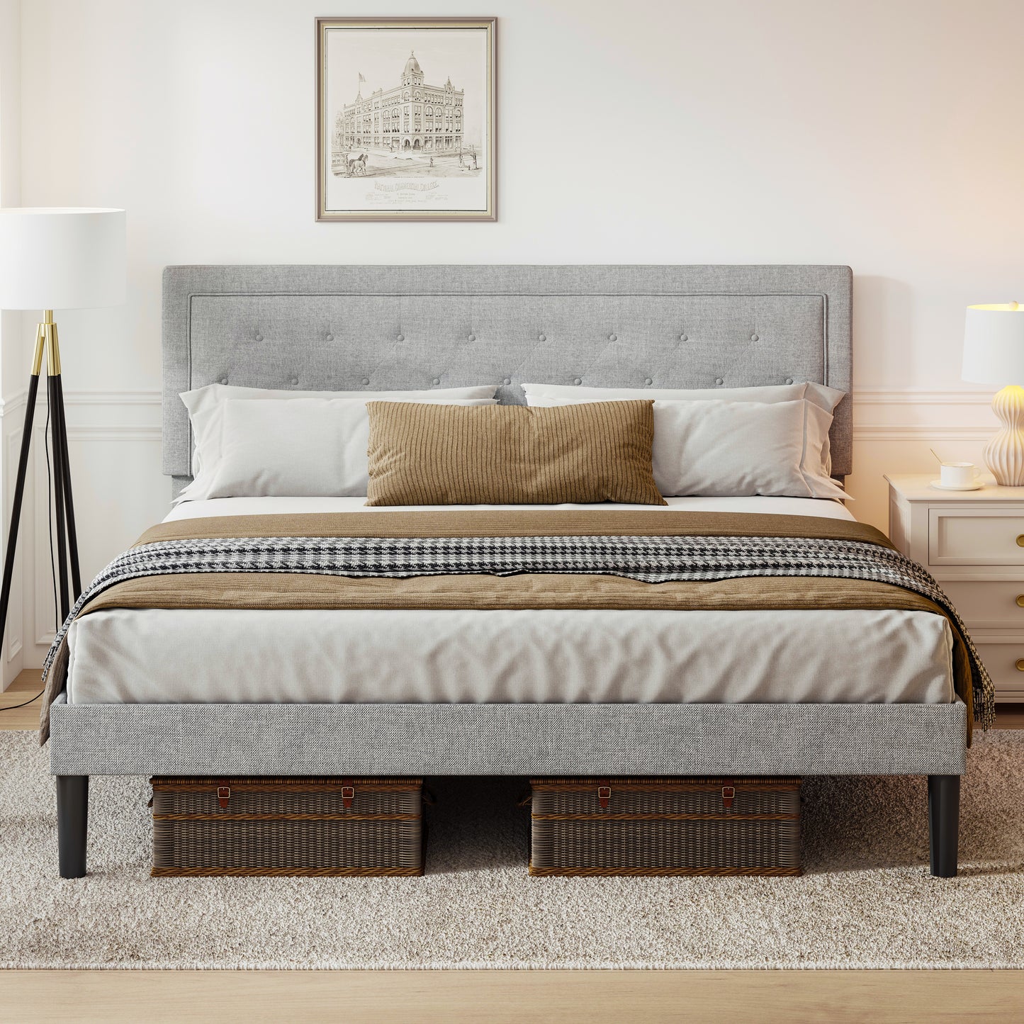 SYNGAR Queen Size Bed Frame, Fabric Upholstered Platform Bed Frame with Adjustable Button Tufted Headboard, Bedroom Furniture with Strong Wooden Slat Support, No Box Spring Needed, Light Gray