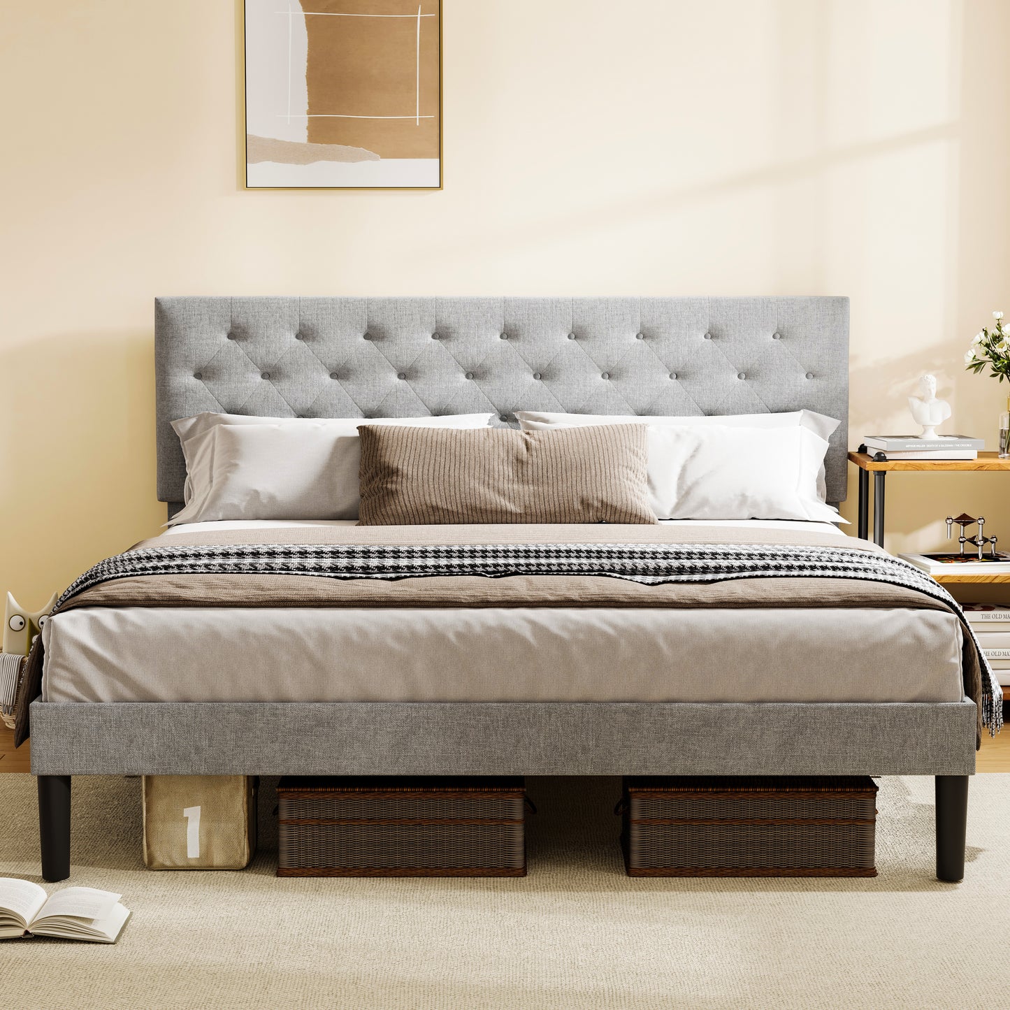 SYNGAR Queen Size Bed Frame, Fabric Upholstered Platform Bed Frame with Adjustable Button Tufted Headboard, Bedroom Furniture with Strong Wooden Slat Support, No Box Spring Needed, Light Gray