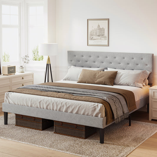 SYNGAR Queen Size Bed Frame, Fabric Upholstered Platform Bed Frame with Adjustable Button Tufted Headboard, Bedroom Furniture with Strong Wooden Slat Support, No Box Spring Needed, Light Gray