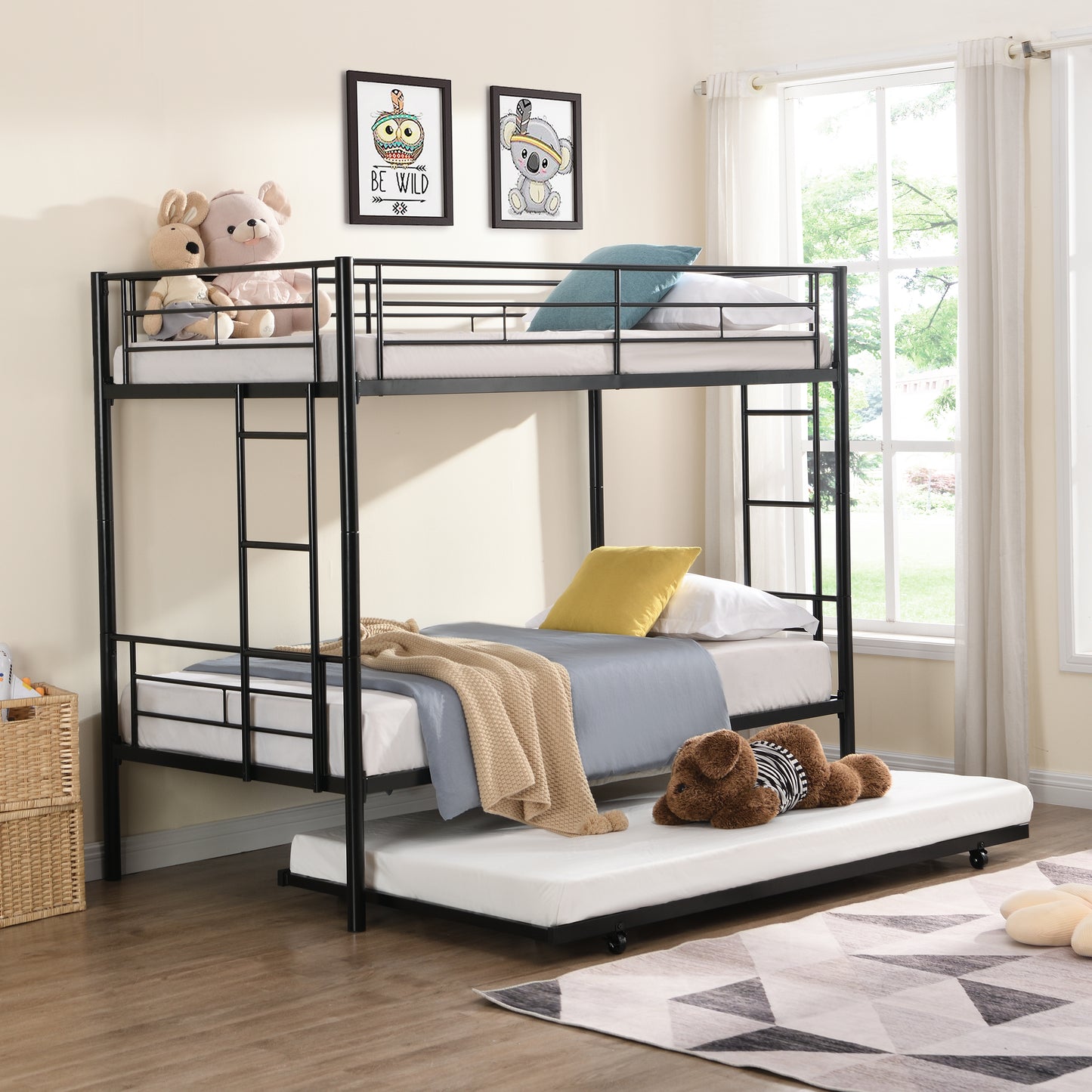 Twin over Twin Bunk Bed with Trundle, SYNGAR Heavy Duty Metal Bed Frame with Safety Rail Side Ladders for Dormitory Bedroom,No Box Spring Needed, Black