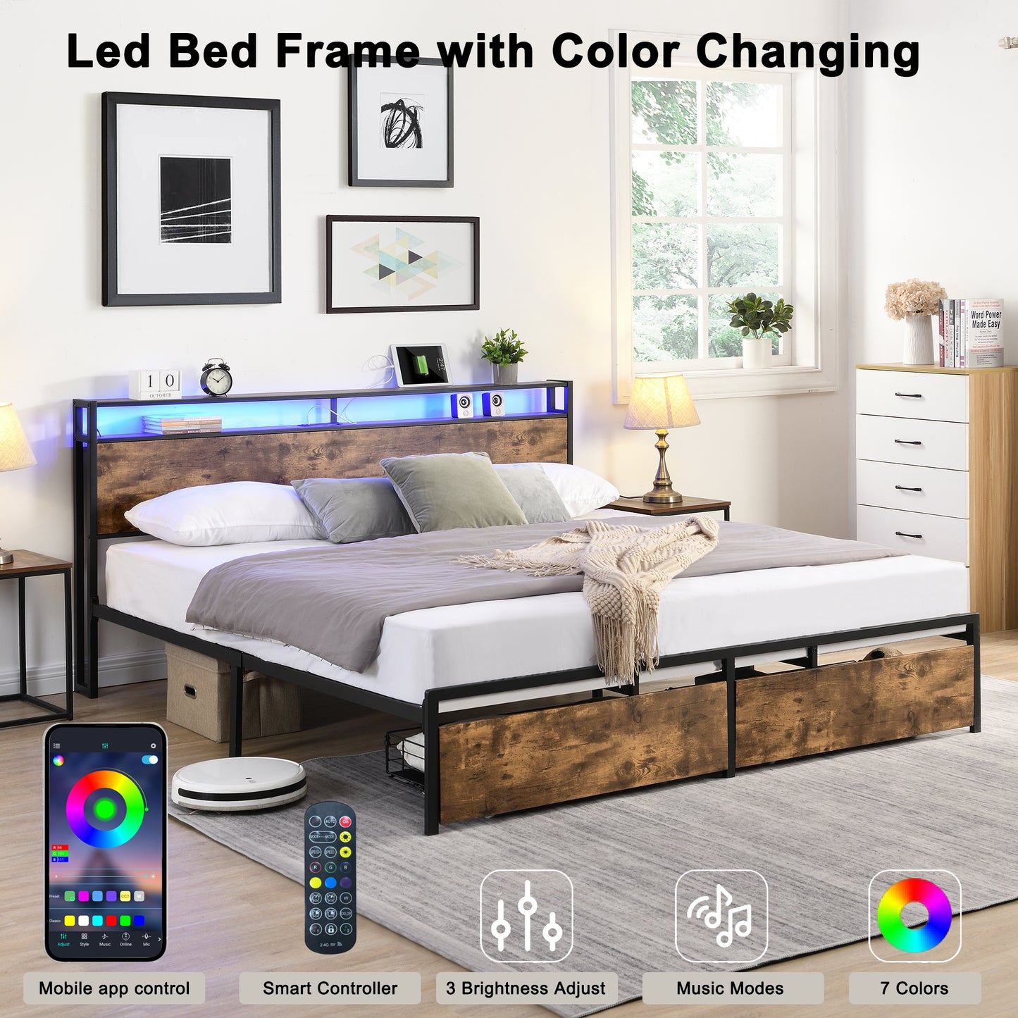 SYNGAR Full Bed Frame with Storage Headboard, Modern Platform Bed Frame with USB Charging Port and Power Outlets, 2 Storage Drawers, Metal Steel Slat, Full Size Bed Frame with LED Light Headboard