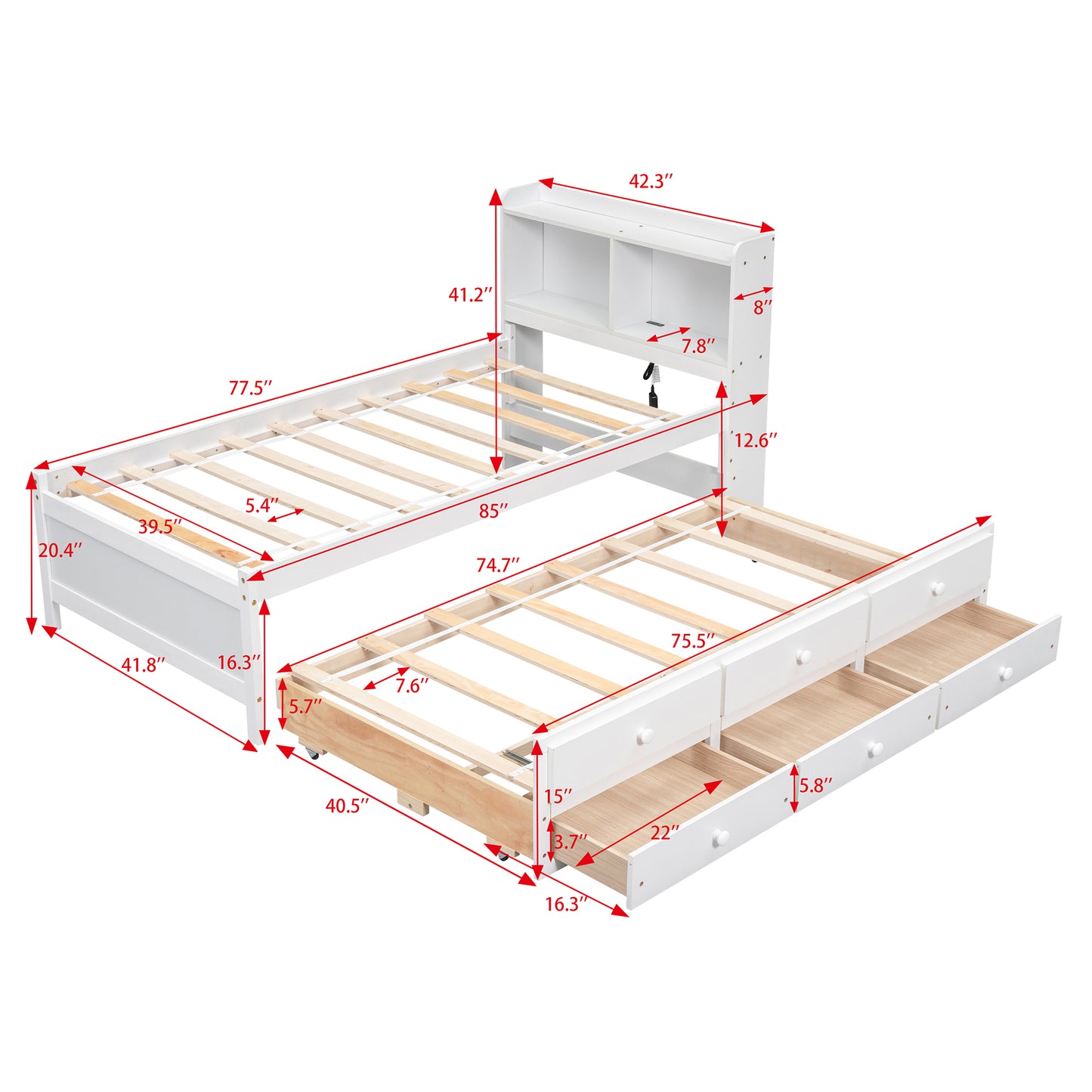 Twin Bed Frames with LED Light Headboard, Twin Storage Bed with USB Ports and Outlets, Modern Twin Size Bed Frames with Bookcase Headboard, Trundle and 3 Drawers, No Box Spring Needed, White