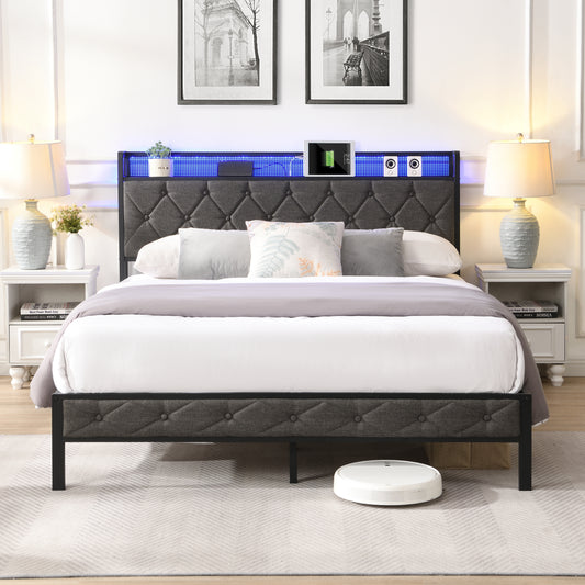 SYNGAR Full Bed Frame with Upholstered Storage Headboard, Full Size Platform Bed Frame with LED Light and Charing Station, Bedroom Furniture Metal Bed Frame, No Box Spring Needed, Gray