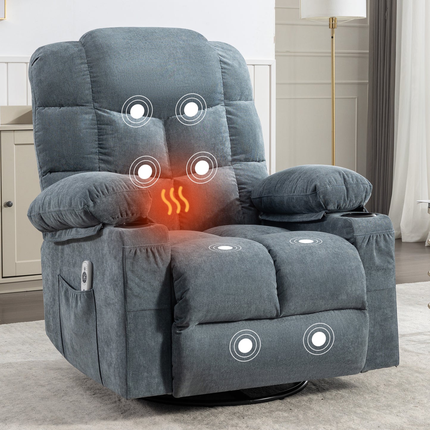 SYNGAR Rocker Recliner Chair for Living Room, Manual Recliner Chair with Heat and Massage Function, Cup Holders, USB, Oversized Recliner Rocking Sofa Swivel Glider Chair for Home Theater, Gray