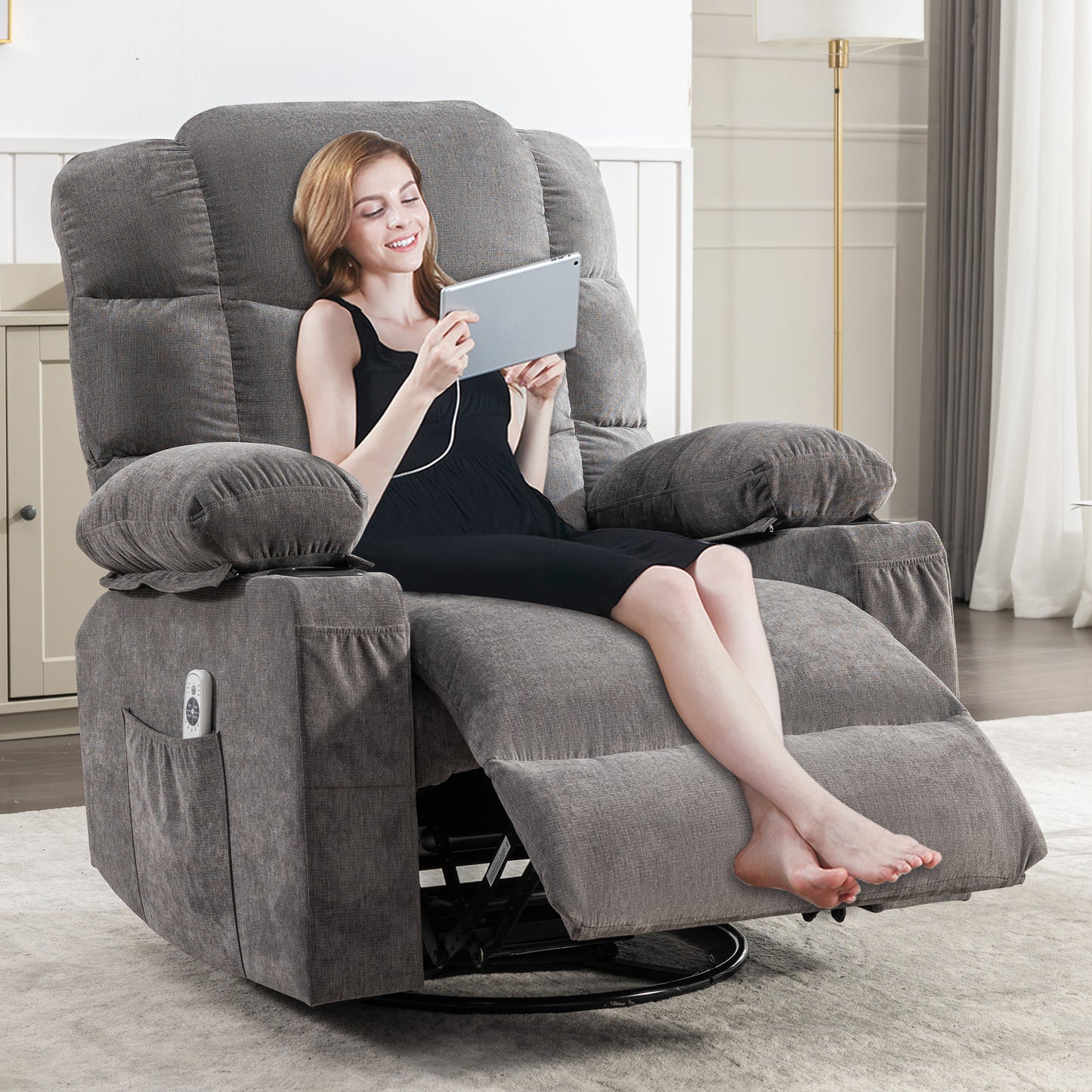 SYNGAR Rocker Recliner Chair for Living Room, Manual Recliner Chair with Heat and Massage Function, Cup Holders, USB, Oversized Recliner Rocking Sofa Swivel Glider Chair for Home Theater, Gray