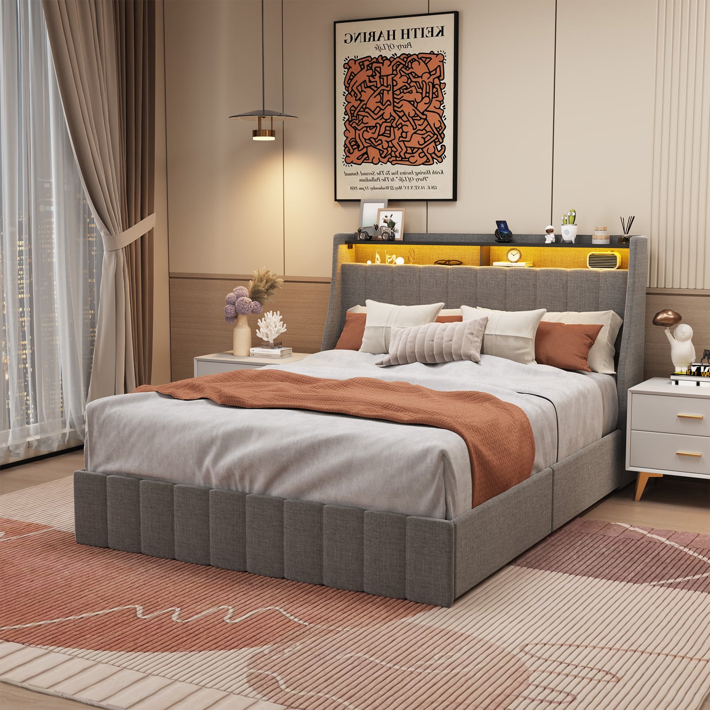 SYNGAR LED Bed Frame Full Size with 4 Storage Drawers, Upholstered Headboard, Solid Wooden Slat Support, No Box Spring Needed, Light Grey