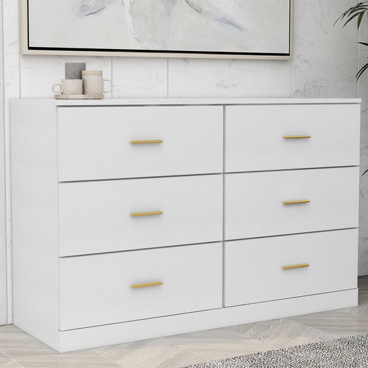 SYNGAR White 6 Drawer Dresser, Modern 47" Wood Chest of Drawers with Metal Handles for Bedroom, Double Dresser Storage Cabinet Dresser Organizer Unit for Living Room, Closet, Hallway, Nursery