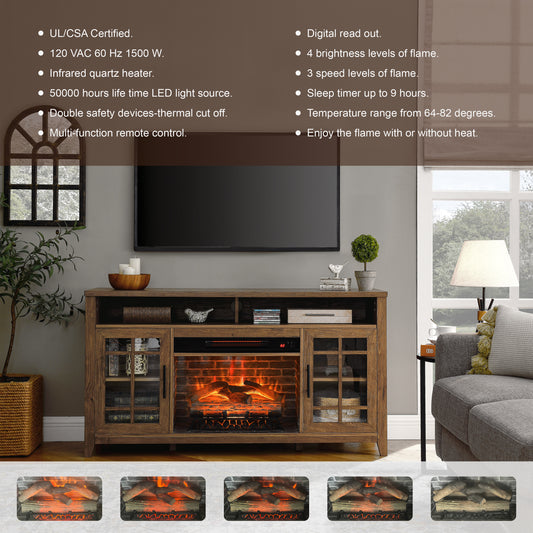 SYNGAR TV Stand with Fireplace for 55" TV, Modern Wooden Electric Fireplace TV Stand with Cabinet, Entertainment Center with 2 Cabinet Storage, TV Consoles for Living Room, Logs Color