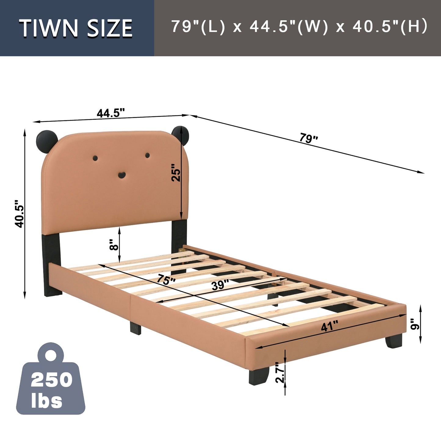 Twin Bed Frame with Headboard for Kids and Teens, Cute Bear Shape Upholstered Platform Bed Frame with Wood Slat, Twin Size Platform Bed Frame with Footboard, No Box Spring Needed, Brown