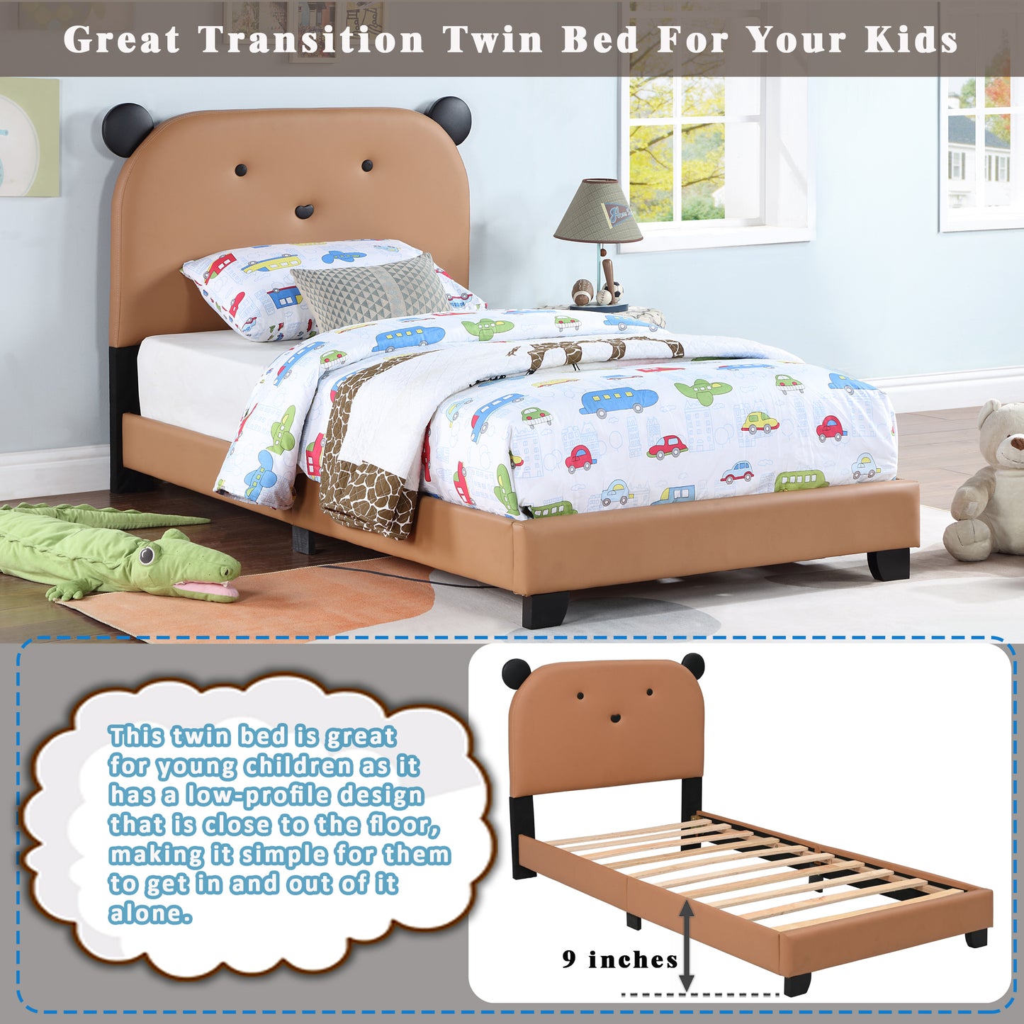 Twin Bed Frame with Headboard for Kids and Teens, Cute Bear Shape Upholstered Platform Bed Frame with Wood Slat, Twin Size Platform Bed Frame with Footboard, No Box Spring Needed, Brown