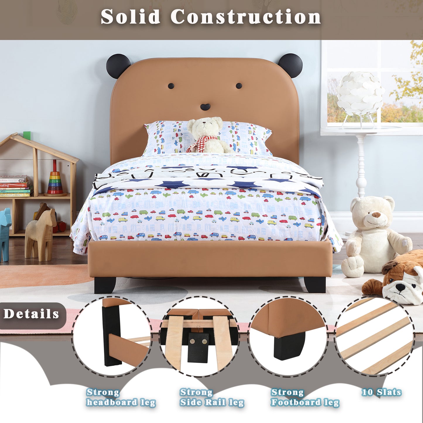 Twin Bed Frame with Headboard for Kids and Teens, Cute Bear Shape Upholstered Platform Bed Frame with Wood Slat, Twin Size Platform Bed Frame with Footboard, No Box Spring Needed, Brown