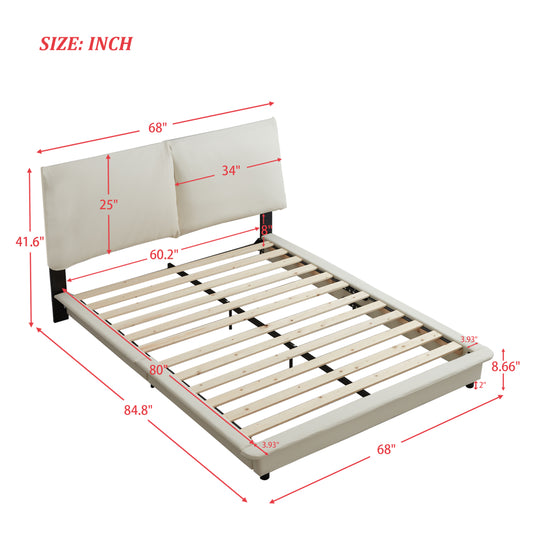 Queen Bed Frame with Upholstered Headboard, Wood Queen Size Bed Frame with LED Light, Platform Bed with Wood Slat Support for Living Room and Apartment,Bed Frame with Ergonomic Headboard, White