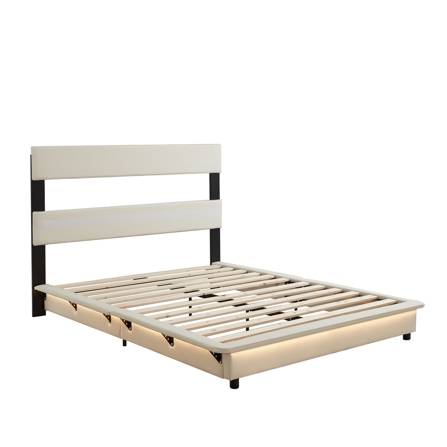 Queen Bed Frame with Upholstered Headboard, Wood Queen Size Bed Frame with LED Light, Platform Bed with Wood Slat Support for Living Room and Apartment,Bed Frame with Ergonomic Headboard, White