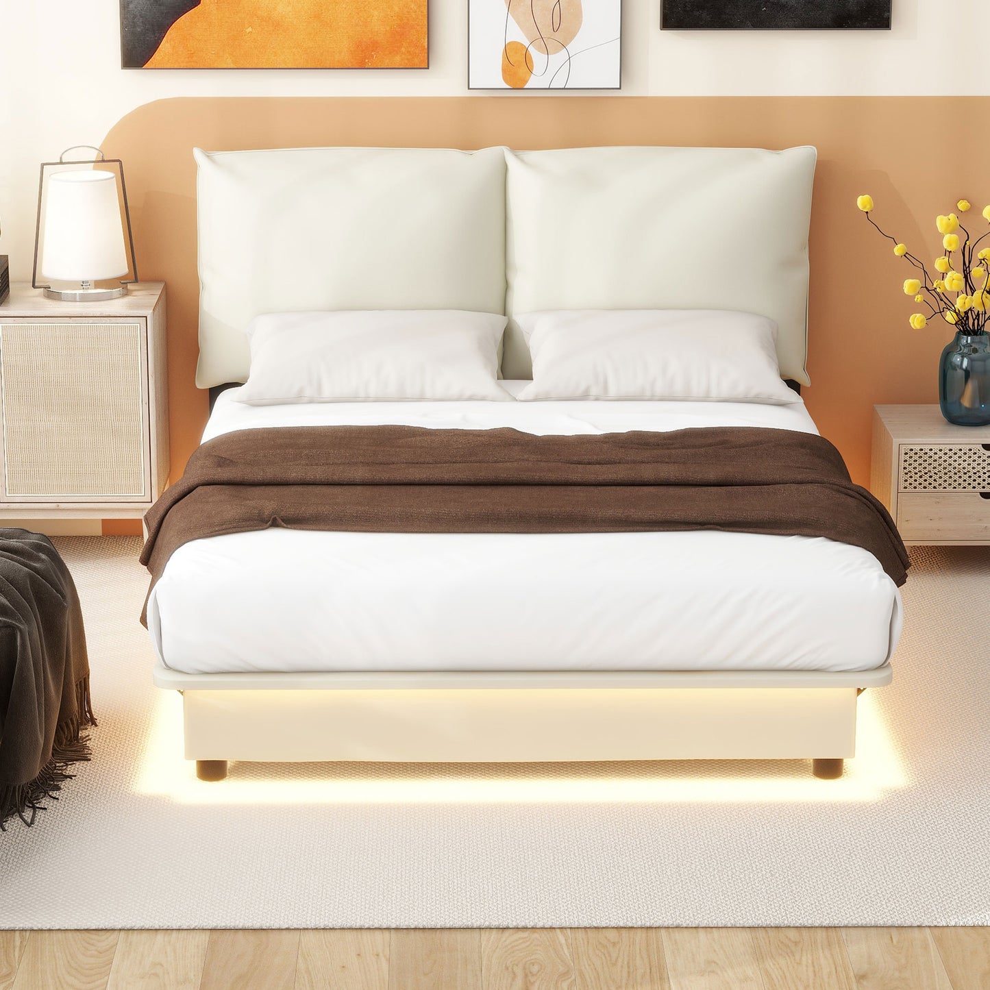 Queen Bed Frame with Upholstered Headboard, Wood Queen Size Bed Frame with LED Light, Platform Bed with Wood Slat Support for Living Room and Apartment,Bed Frame with Ergonomic Headboard, White