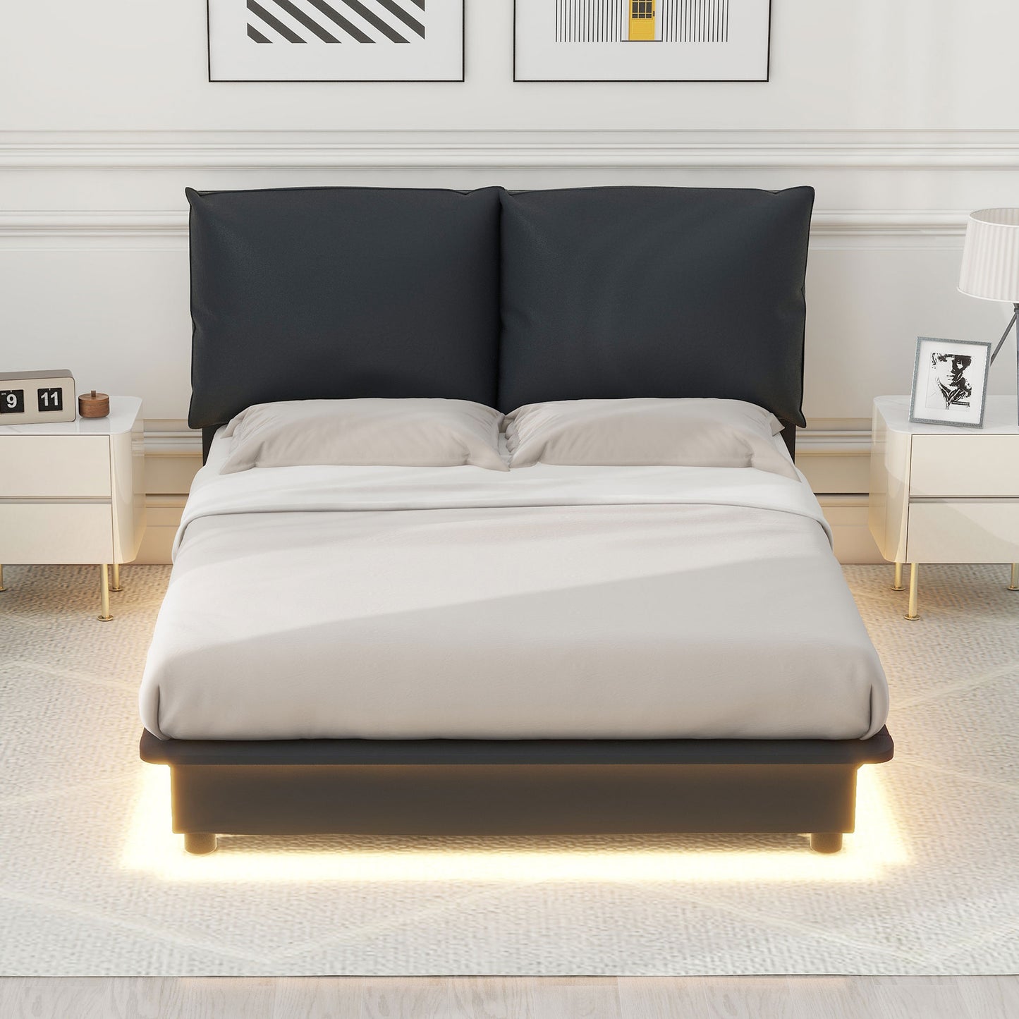 Queen Bed Frame with Upholstered Headboard, Wood Queen Size Bed Frame with LED Light, Platform Bed with Wood Slat Support for Living Room and Apartment,Bed Frame with Ergonomic Headboard, White