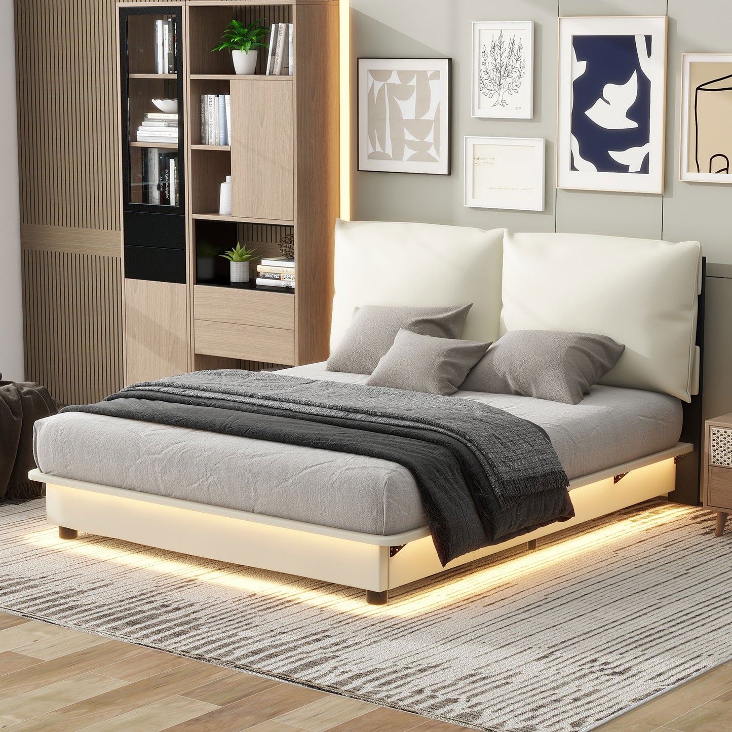 Queen Bed Frame with Upholstered Headboard, Wood Queen Size Bed Frame with LED Light, Platform Bed with Wood Slat Support for Living Room and Apartment,Bed Frame with Ergonomic Headboard, White