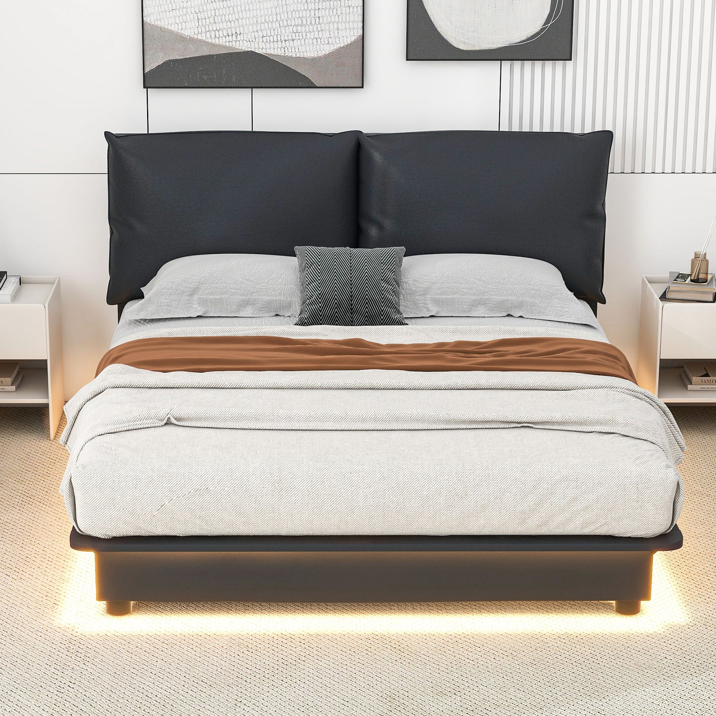 Queen Bed Frame with Upholstered Headboard, Wood Queen Size Bed Frame with LED Light, Platform Bed with Wood Slat Support for Living Room and Apartment,Bed Frame with Ergonomic Headboard, White