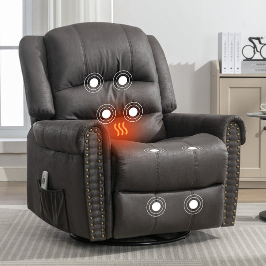 SYNGAR Swivel Rocker Recliner Chair for Living Room, Manual Reclining Chair Oversized with Heat and Massage Function, USB, Soft Fabric Rocking Sofa Glider Chair for Bedroom Home Theater, Gray