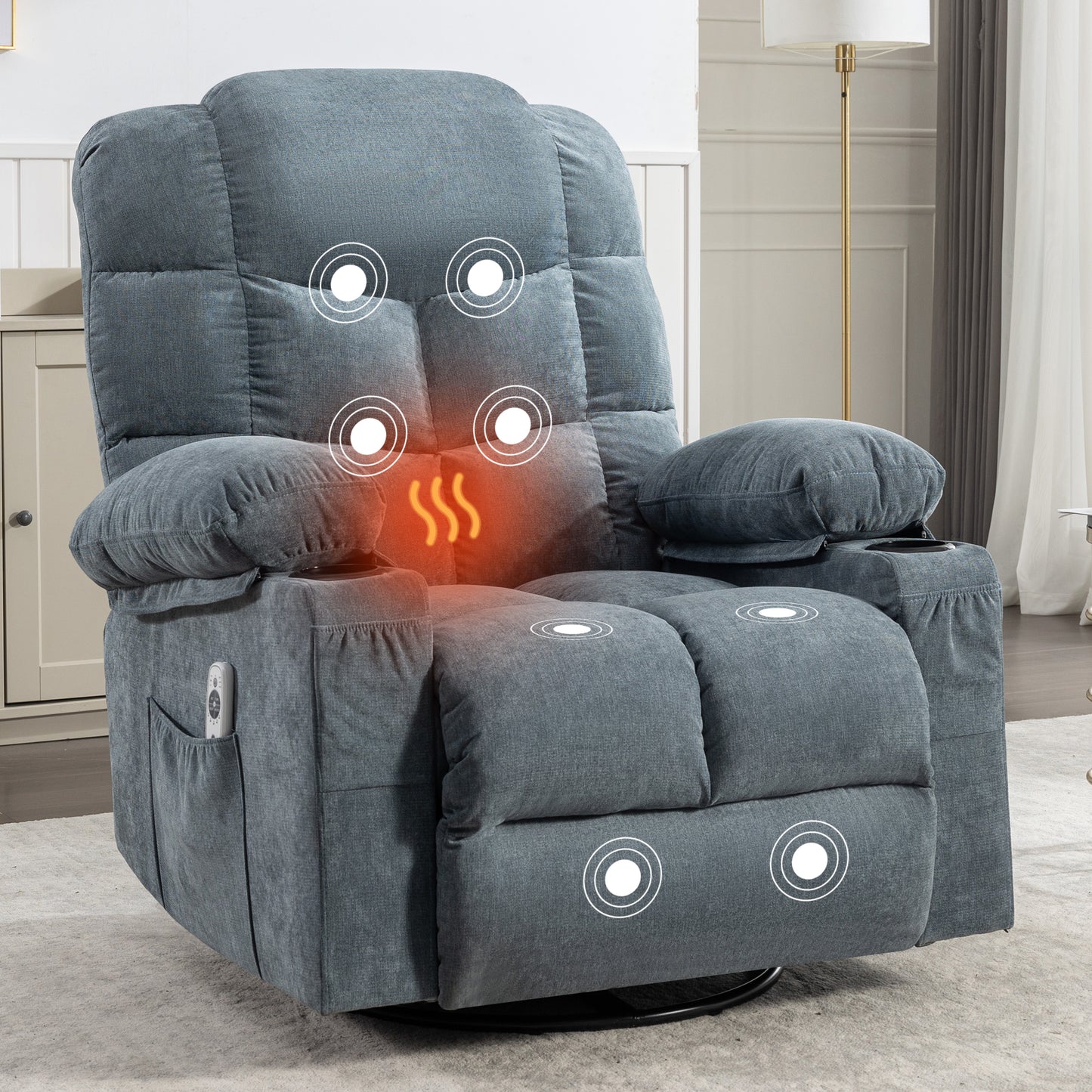 SYNGAR Recliner Chair for Adults, Oversized Recliner Chair with Massage and Heat for Living Room,  Comfortable Recliner Chair with USB Port, Cup Holder, Side and Front Pocket, Gray