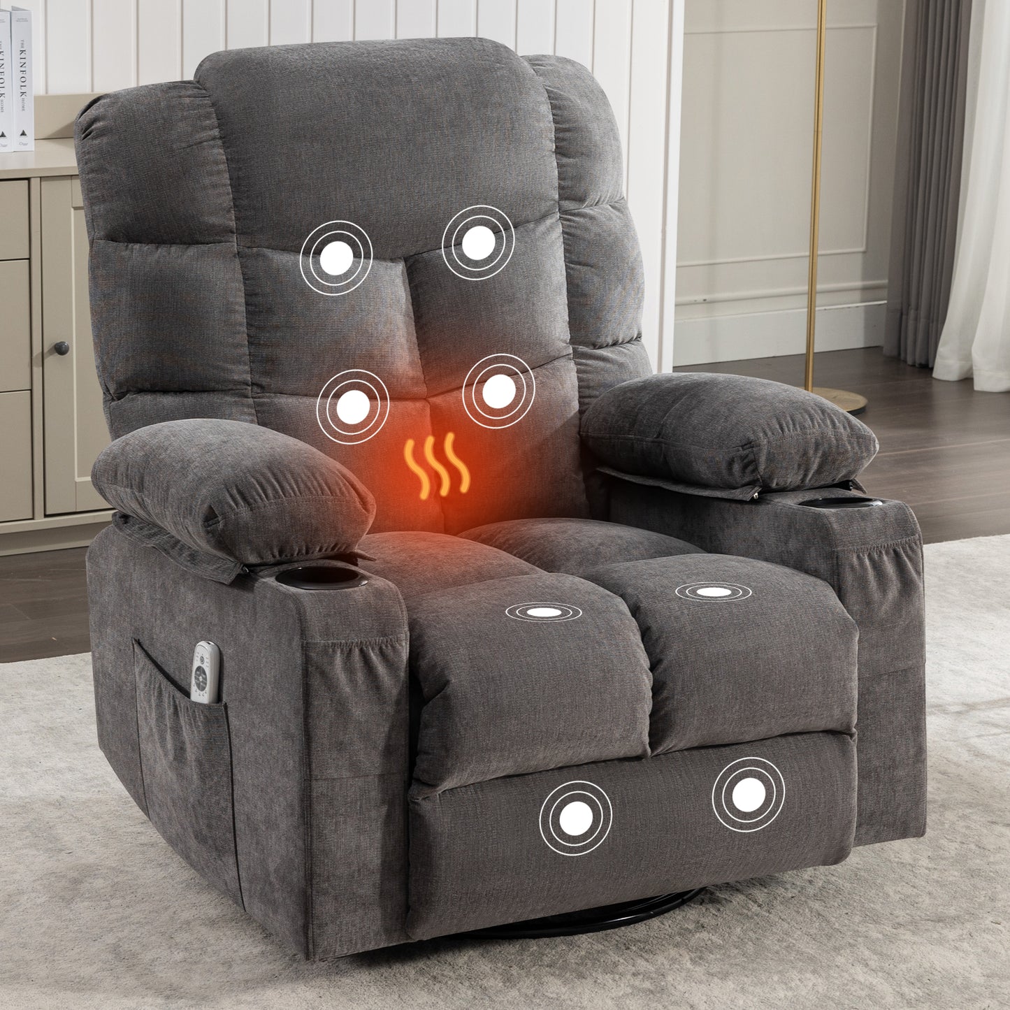 SYNGAR Recliner Chair for Adults, Oversized Recliner Chair with Massage and Heat for Living Room,  Comfortable Recliner Chair with USB Port, Cup Holder, Side and Front Pocket, Gray