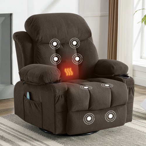 SYNGAR Oversized Recliner Chair, 360° Swivel Rocker Reclining Chair with Massage and Heat Function, USB, Cup Holders and Side Pockets, Living Room Single Sofa Seat Nursery Lounge Chair, Brown