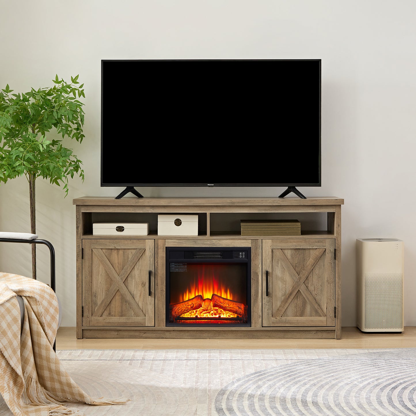 SYNGAR Electric Fireplace TV Stand for 65" TV, Wood Entertainment Center With Fireplace for Living Room, Modern TV Console with Storage Shelves and Glass Doors, Media Console, TV Cabinet, Espresso